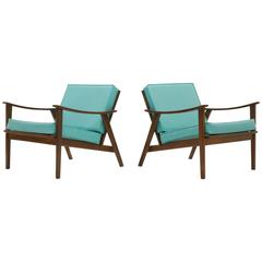 Pair of Danish Modern Lounge Chairs, Walnut Frames with Turquoise Cushions