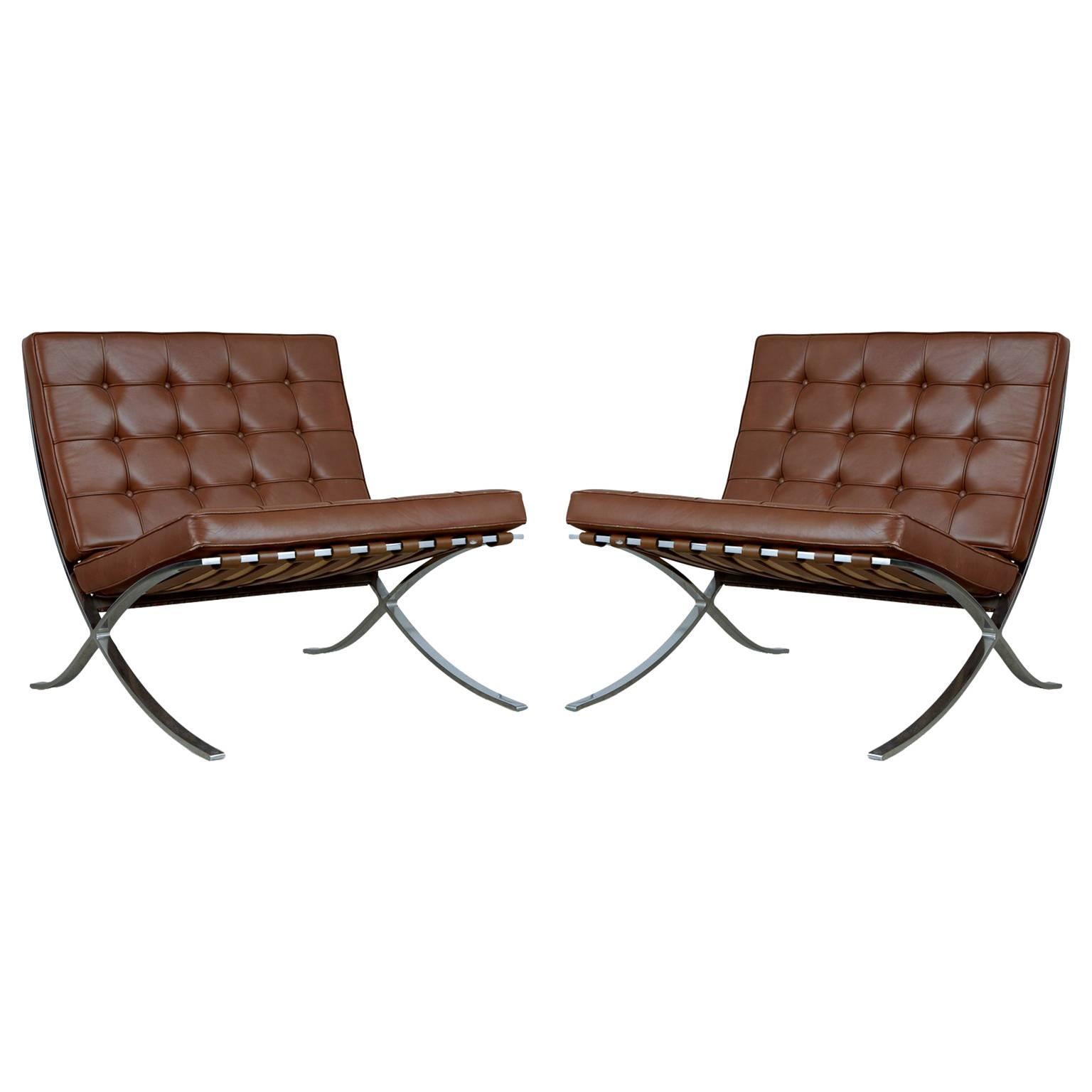 Triple Signed Pair of Barcelona Chairs by Mies Van Der Rohe for Knoll Int, 1978