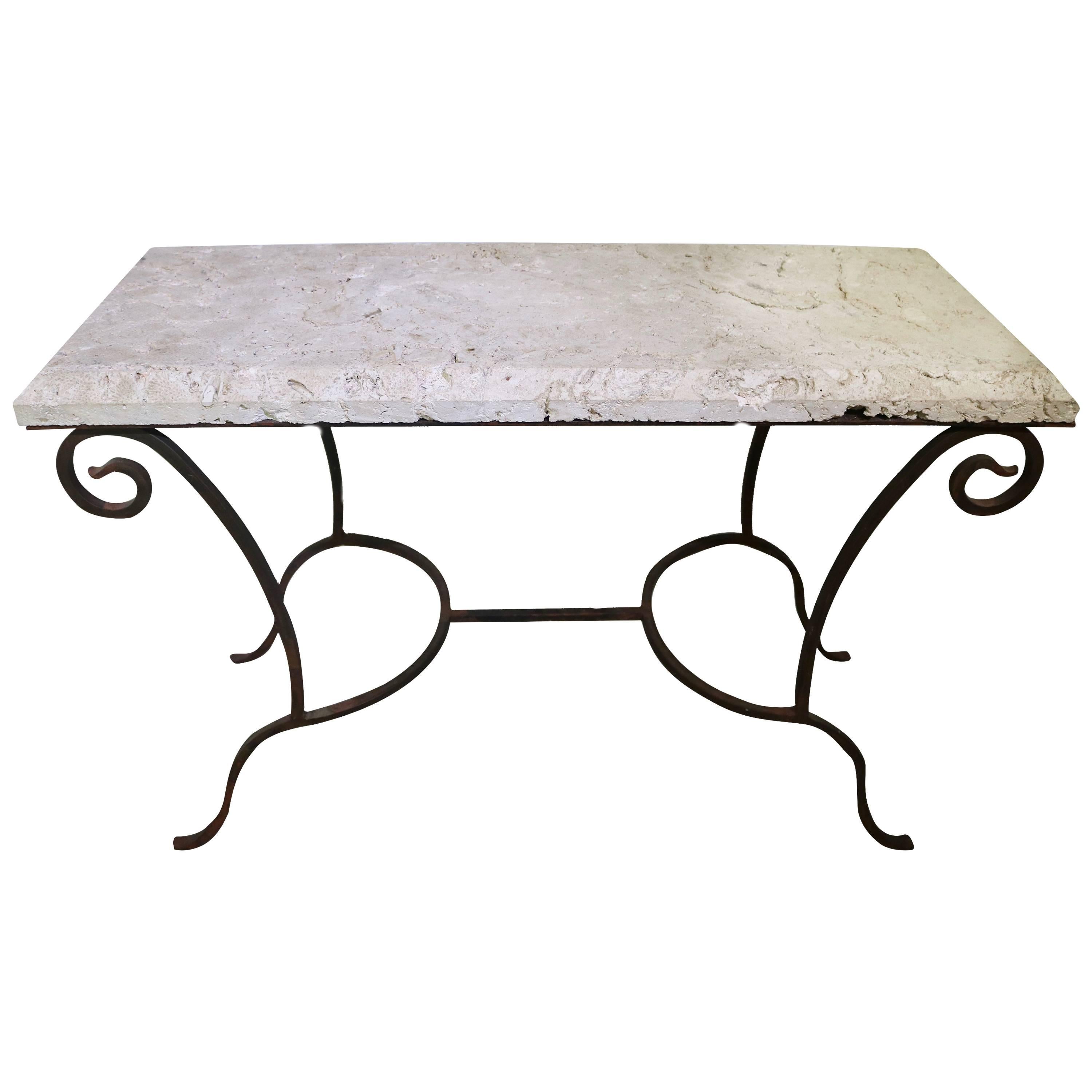 Mizner Style Rectangular Console Table in Wrought Iron and Coquina Stone