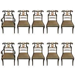 Set of Ten Neoclassical Style Ebonized and Brass Mounted Dining Chairs Jansen 10