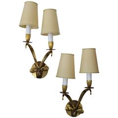 Pair of Jules Leleu Style Art Deco Wall Sconces in Antique Brass