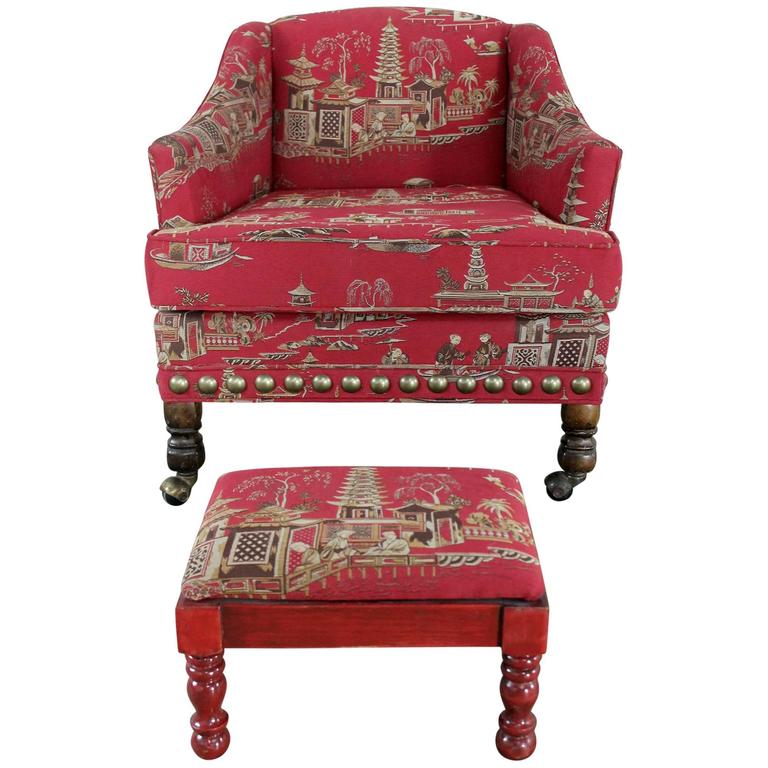 Vintage Petite Red Chinoiserie Armchair And Cricket Footstool