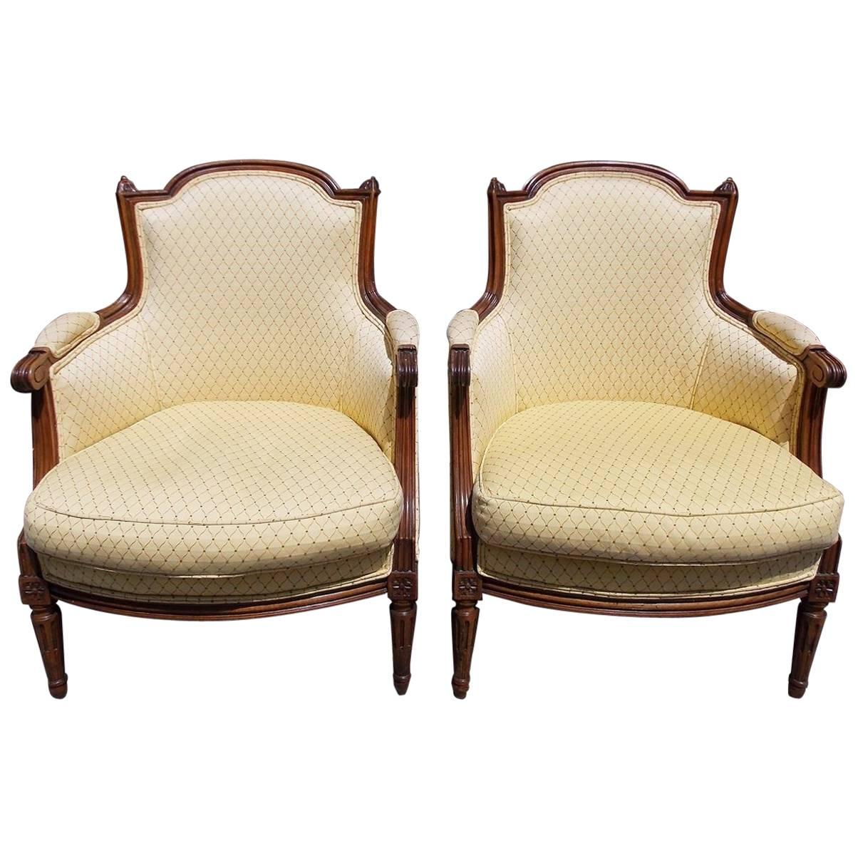 Pair of Italian Walnut Bergere Upholstered Armchairs, Circa 1780