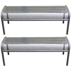 Two Perforated Industrial Grey Enameled Benches