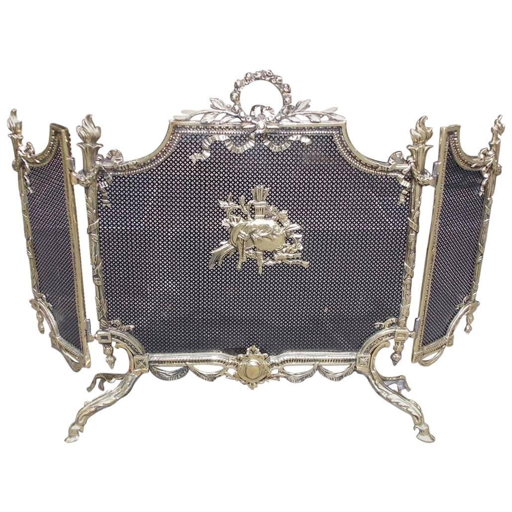 French Brass Decorative Floral and Ribbon Folding Firescreen, Circa 1820