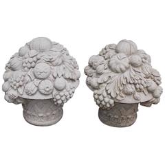 Pair of Italian Hand-Carved Sandstone Fruit and Flower Baskets, Circa 1815
