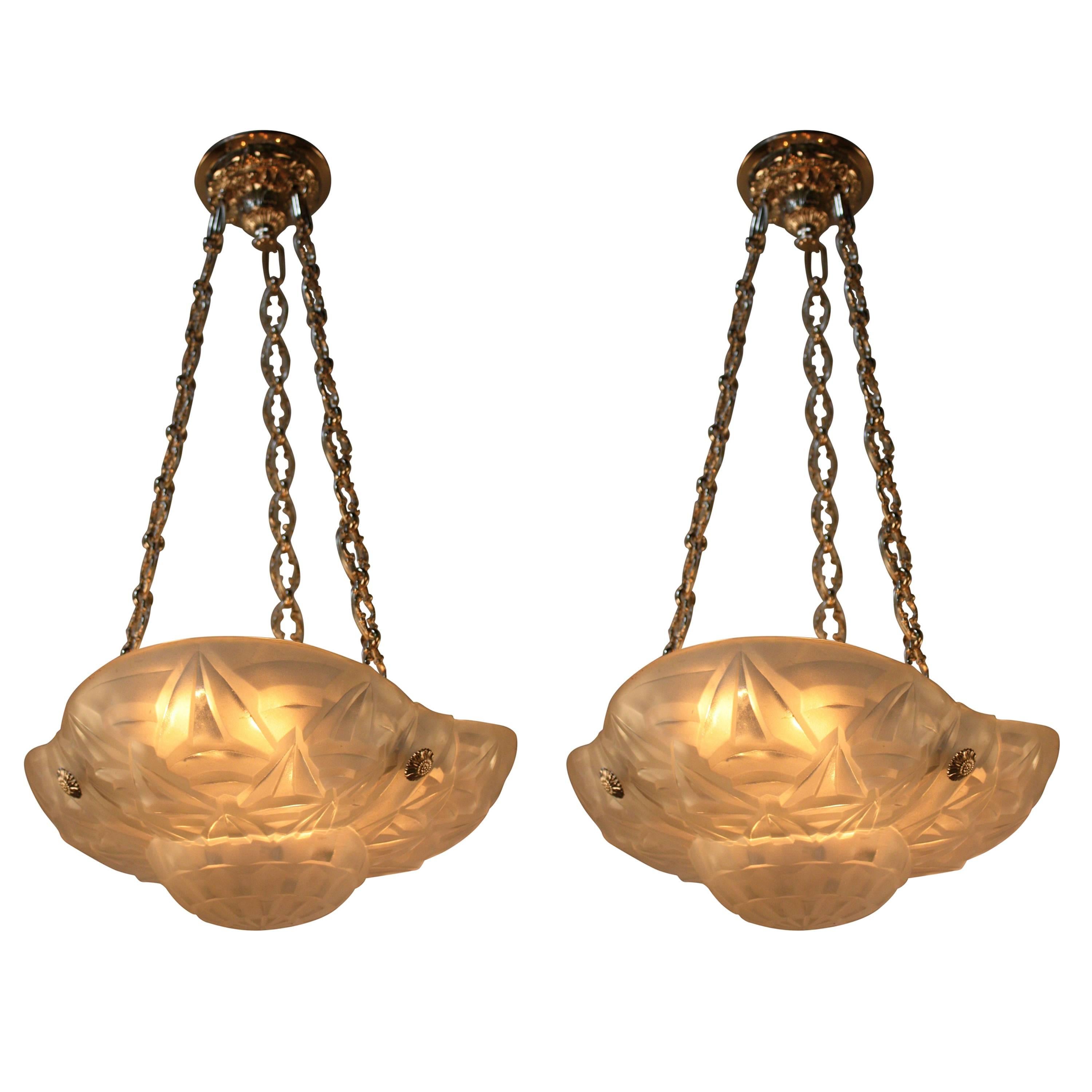 Pair of French Art Deco Chandelier by Degue