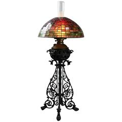 Arts & Crafts Bradley Hubbard Style Leaded Glass and Iron Table Lamp, circa 1910