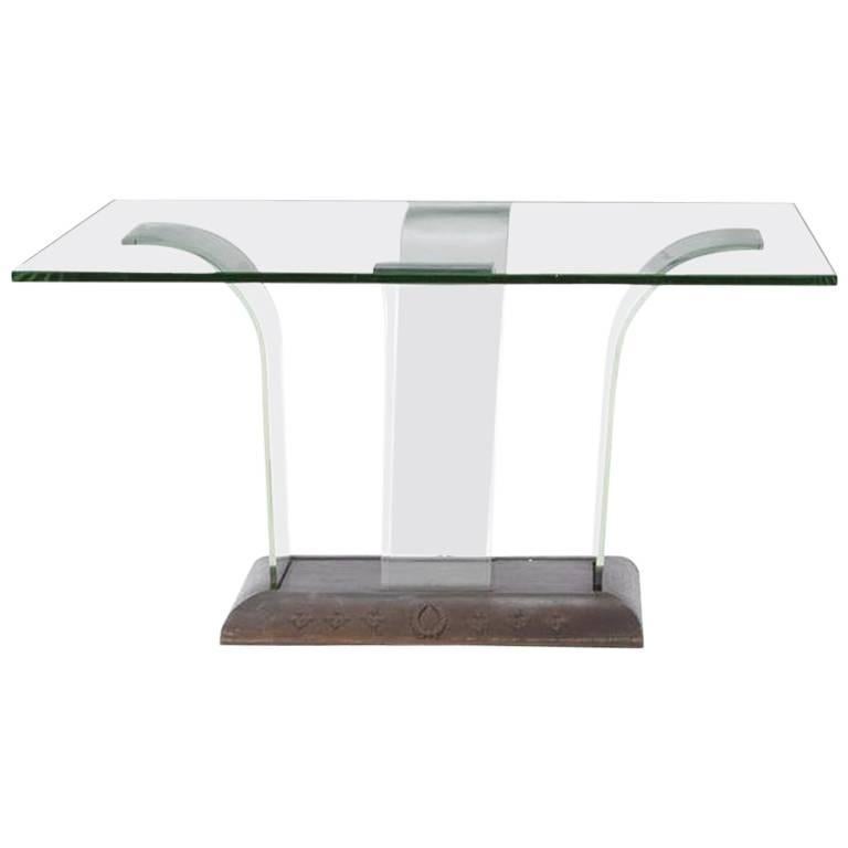 Contemporary Glass and Wood Centre Table For Sale
