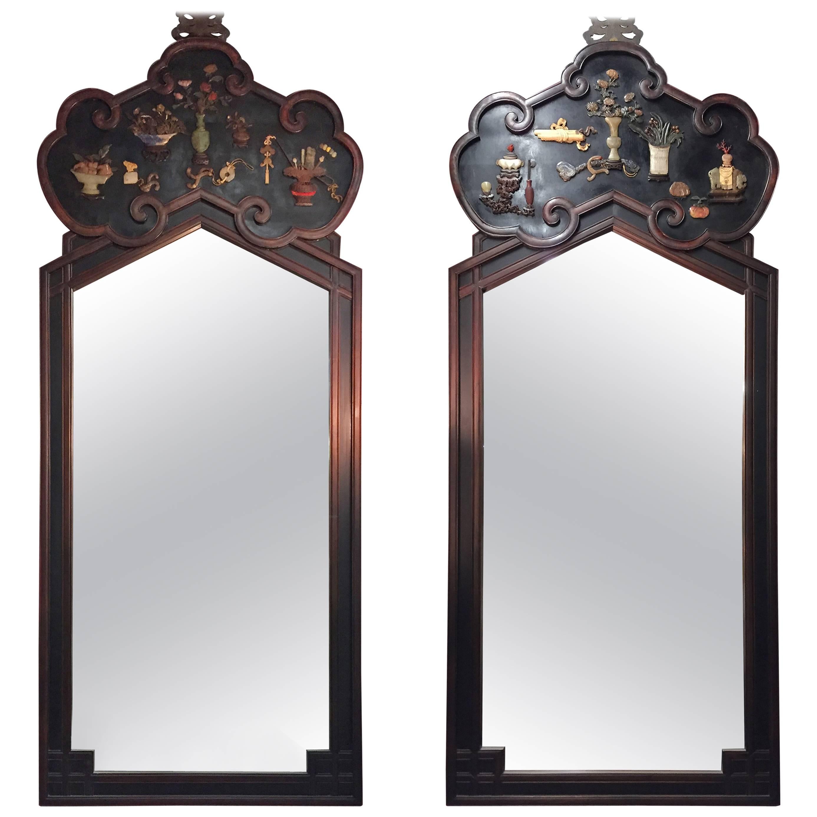 Pair of Chinese Jade-Cinnabar and Gemstone Inlaid Mirrors