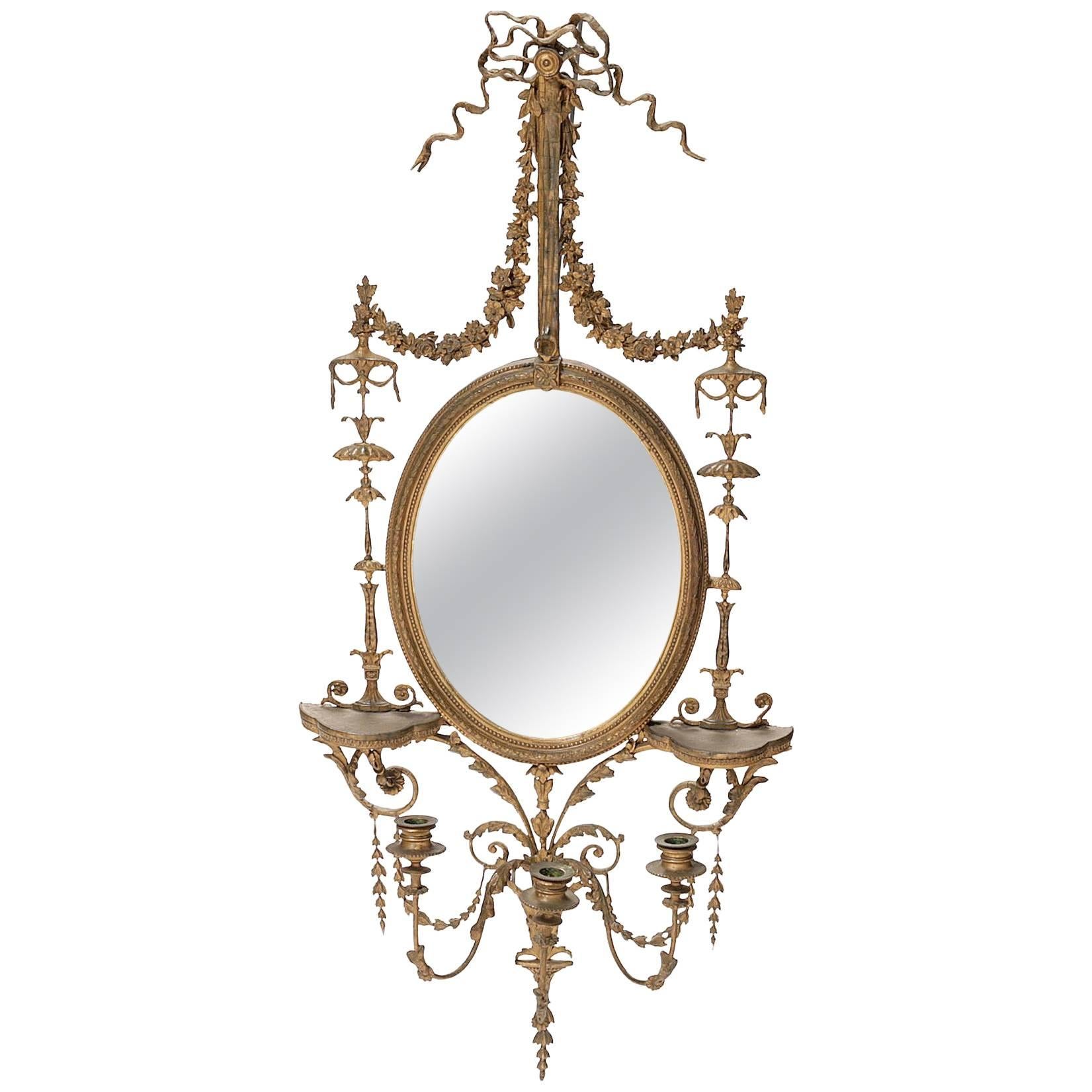 English Adams Style Gilt and Detailed Girandole Mirror