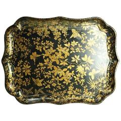 Oversized Antique Aesthetic Movement Black Lacquer & Gilt Paper Mache Tray