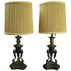 Pair of Antique Bronzed Metal and Parcel-Gilt Neoclassical Style Table Lamps