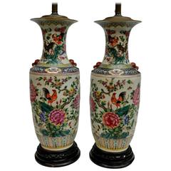 Pair of Antique Chinese Hand-Painted Vase Lamps