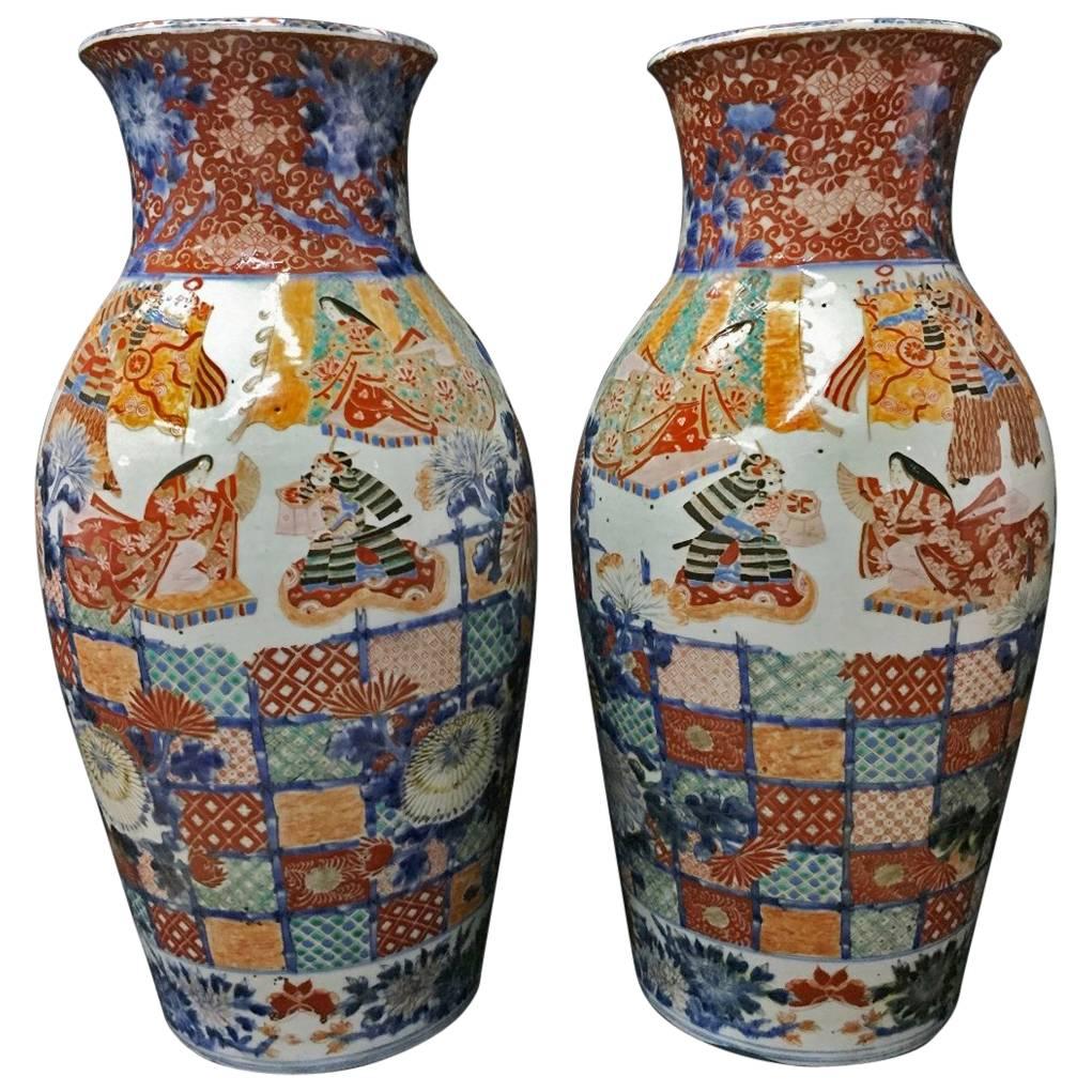 Pair of Antique Japanese Imari Hand-Painted Vases