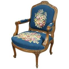Antique French Hand-Carved Fruitwood Cabriolet Floral Tapestry Armchair