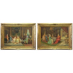 Pair of Signed French Oil on Canvas of a Salon Scene, 20th Century
