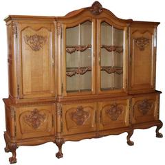 Oversized Antique Belgian Carved Oak Breakfront Cabinet, circa 1940