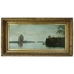Antique Maritime Oil on Canvas Painting with Tall Mast Ship, circa 1890
