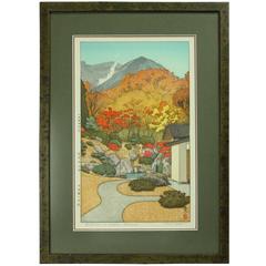 Vintage Japanese Wood Block Print Autumn in Hakone Museum by T. Yoshida Signed