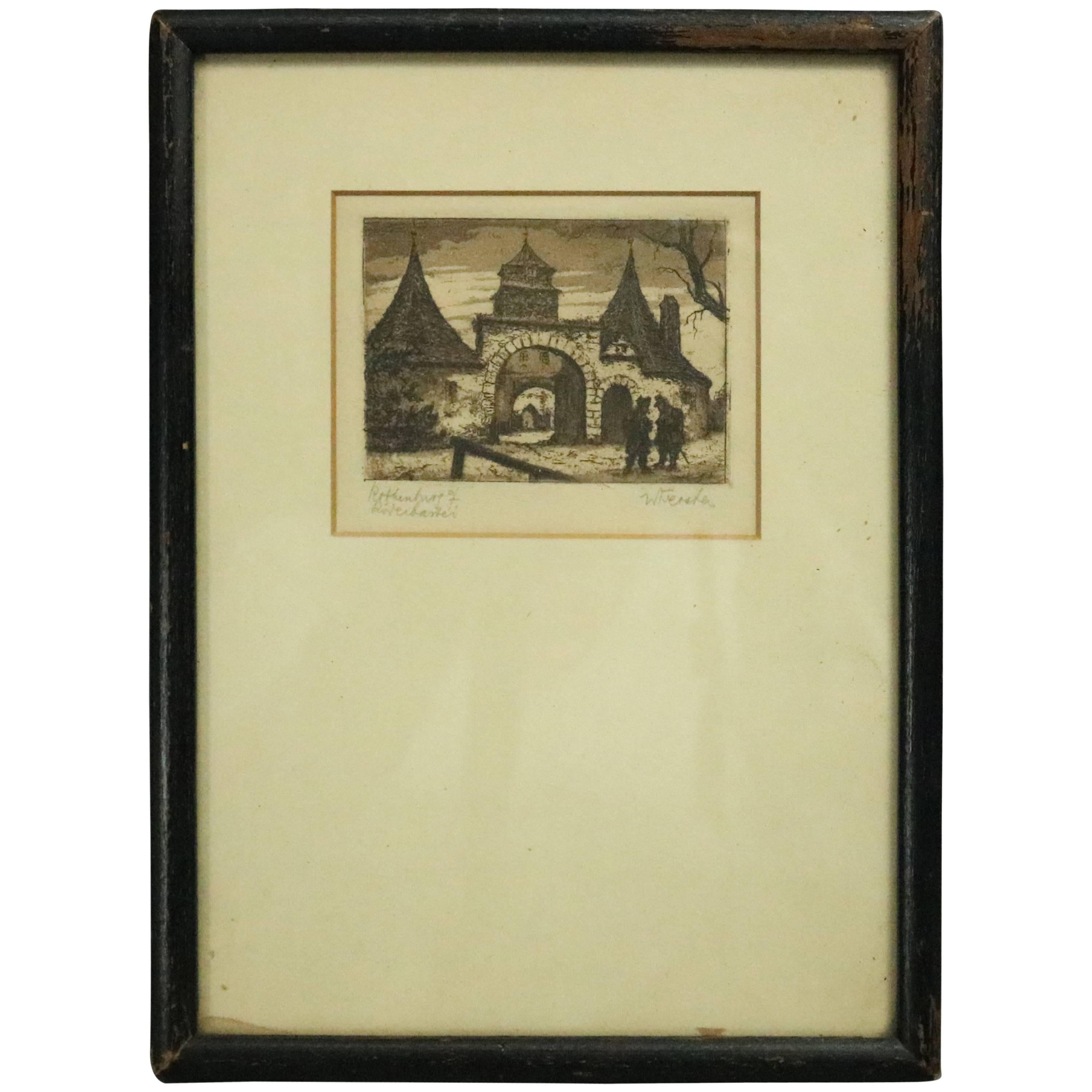 Antique Miniature Sepia Etching Rothenburg, Germany, Artist Signed, circa 1860