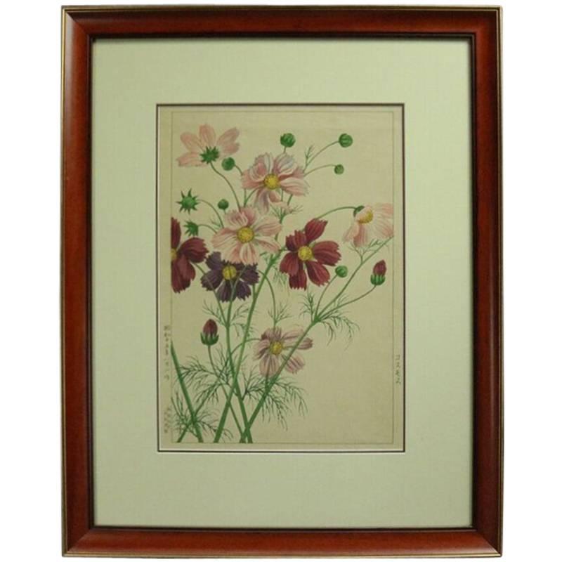 Antique Japanese Hiroshige Style Floral Watercolor Painting, Signed, circa 1920