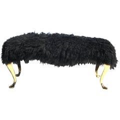 Black Mongolian Lamb Wool Bench or Footrest with Brass Legs