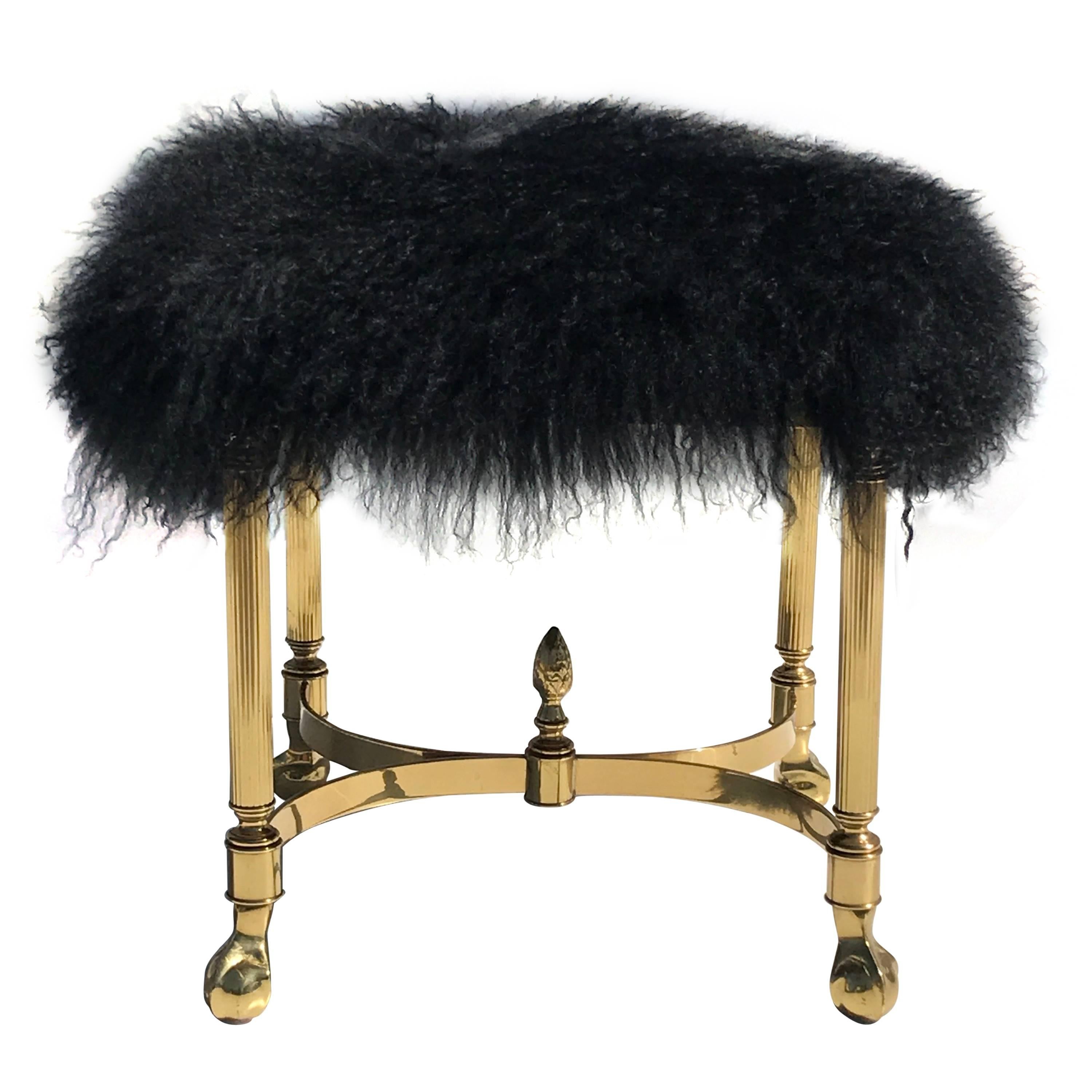 Petit Brass Footrest or Bench with Mongolian Wool