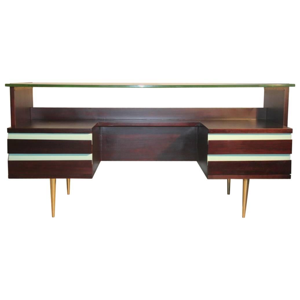 Desks Mid-Century Modern Brass Mahogany Laminate 1950 Italian Design 