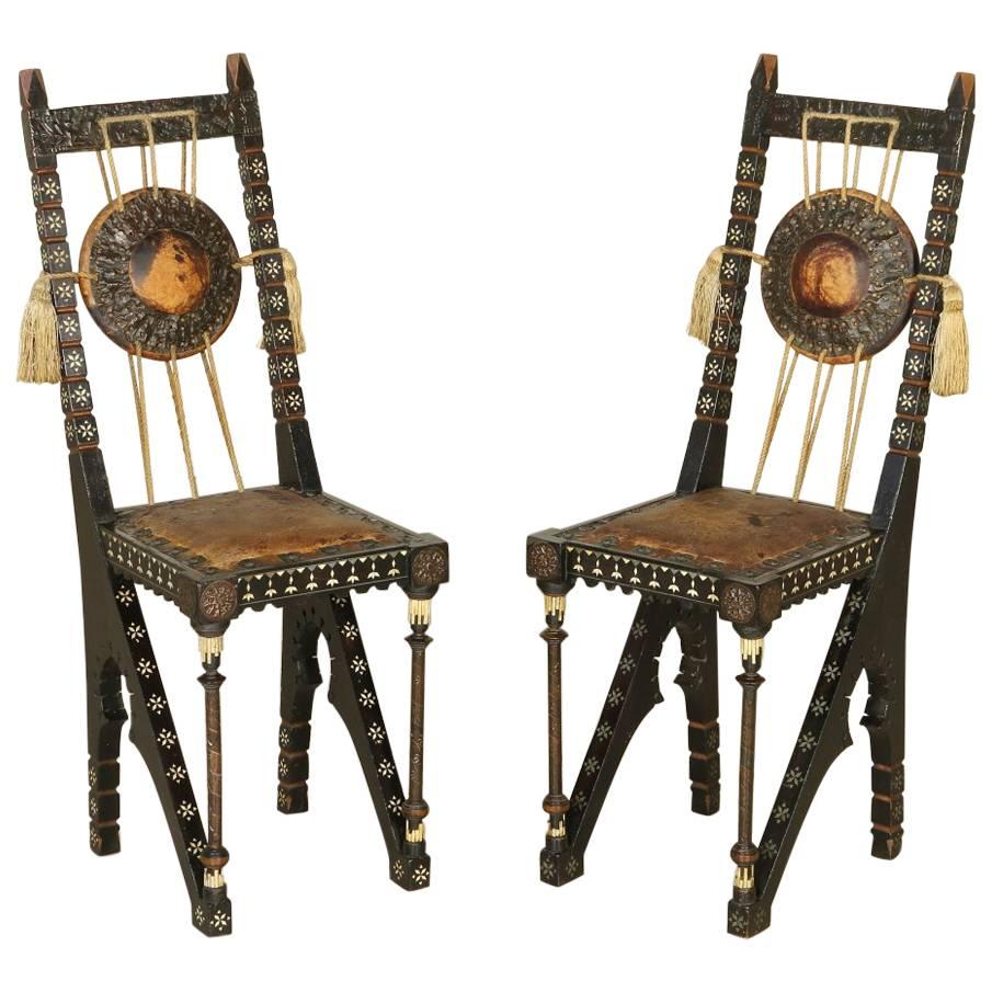 Two Chairs by Carlo Bugatti Walnut Copper Bone Leather Italy, Early 20th Century