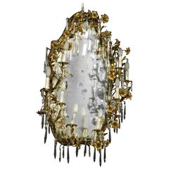 Elegant Mirror Frame with Antique Mirror Bronze Lilies Crystal Pendants, Italy