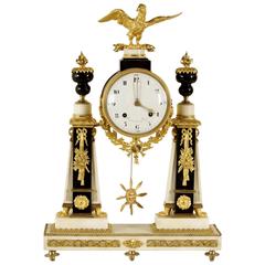 Antique Neoclassical Round Clock Carrara Marble Bronze Brass, France, 18th Century