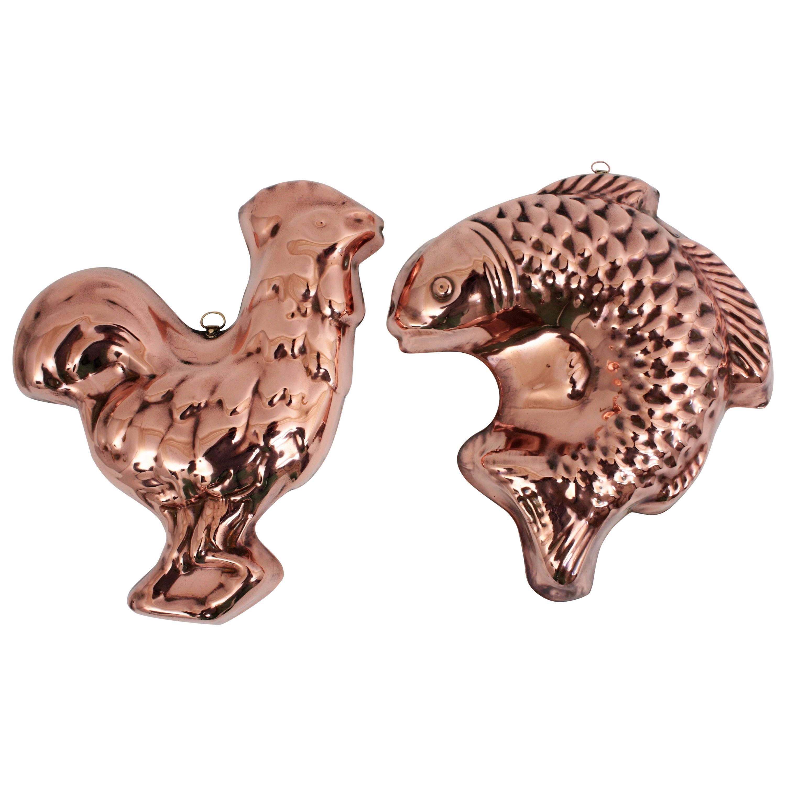 1920s Set of Portuguese Fish and Cock Cake Copper Molds