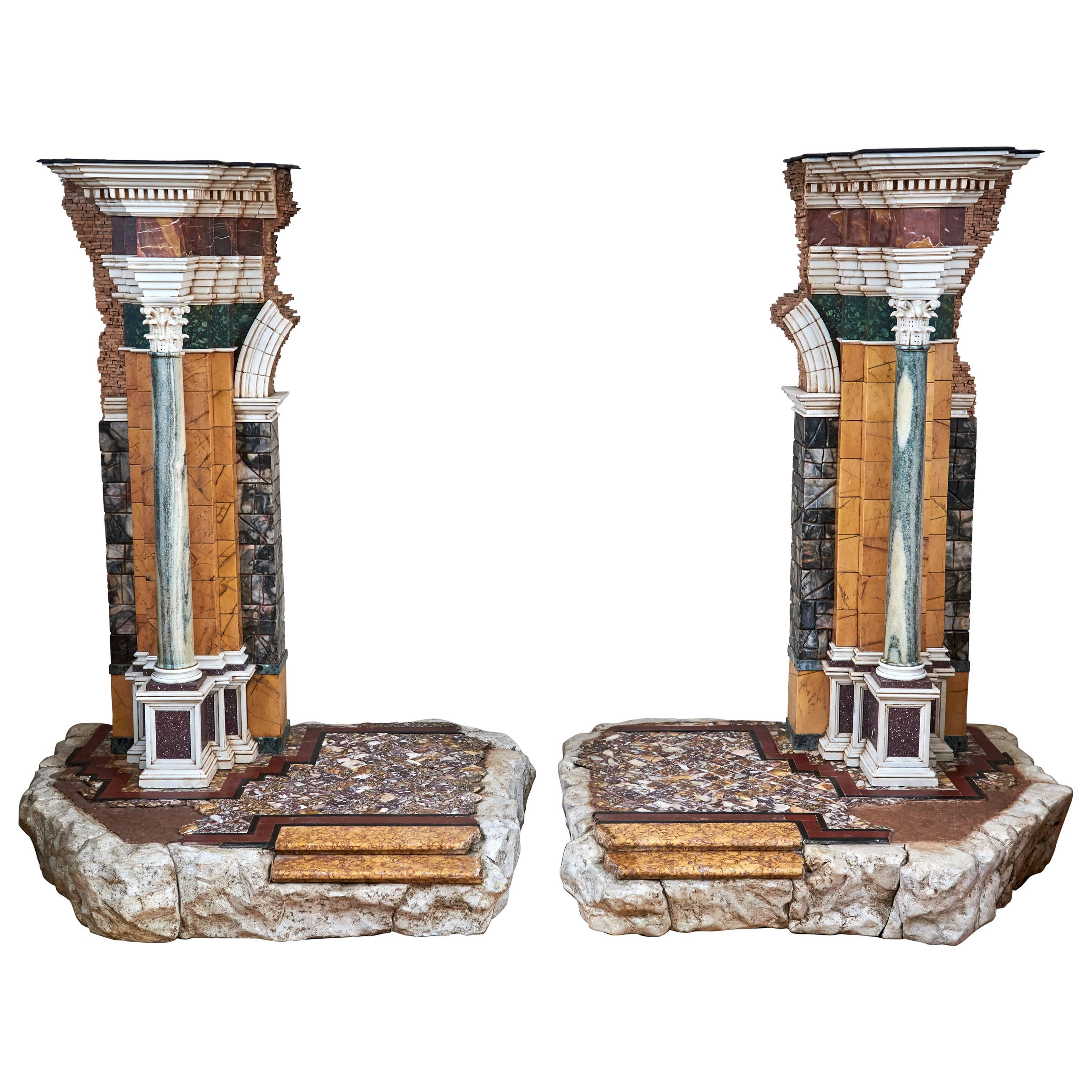 Pair of Italian Marble Models of Ruins in Neoclassical Style