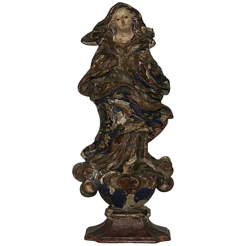 17th Century Spanish Early Baroque Painted Wooden Madonna