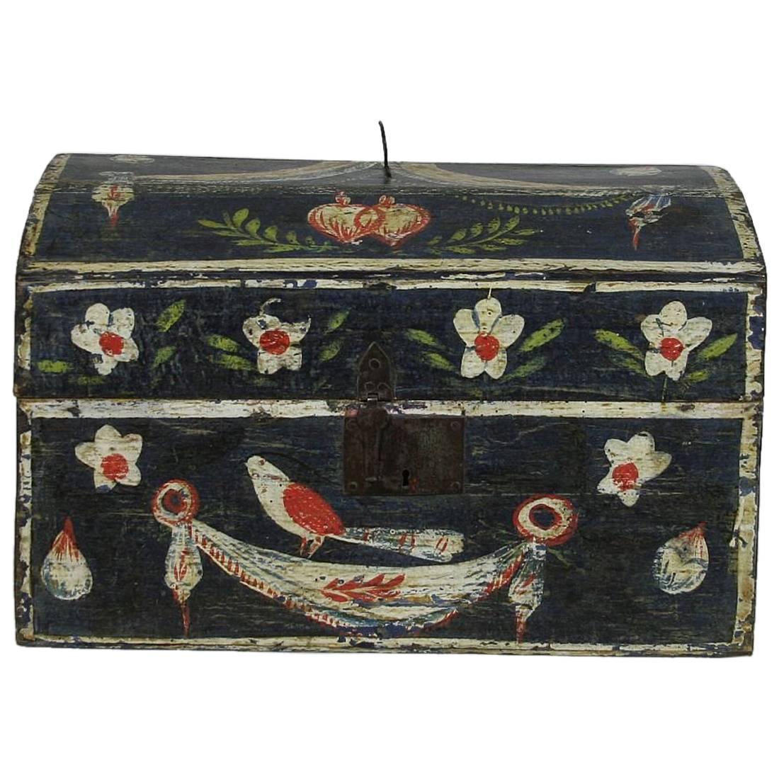 18th Century French Folk Art Weddingbox from Normandy with Hearts and Bird