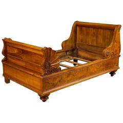 Antique 19th Century French Bed in Walnut and Burl Walnut