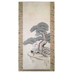 Japan Antique Auspicious Crane Turtle Bonsai Hand Painted Silk Scroll Signed