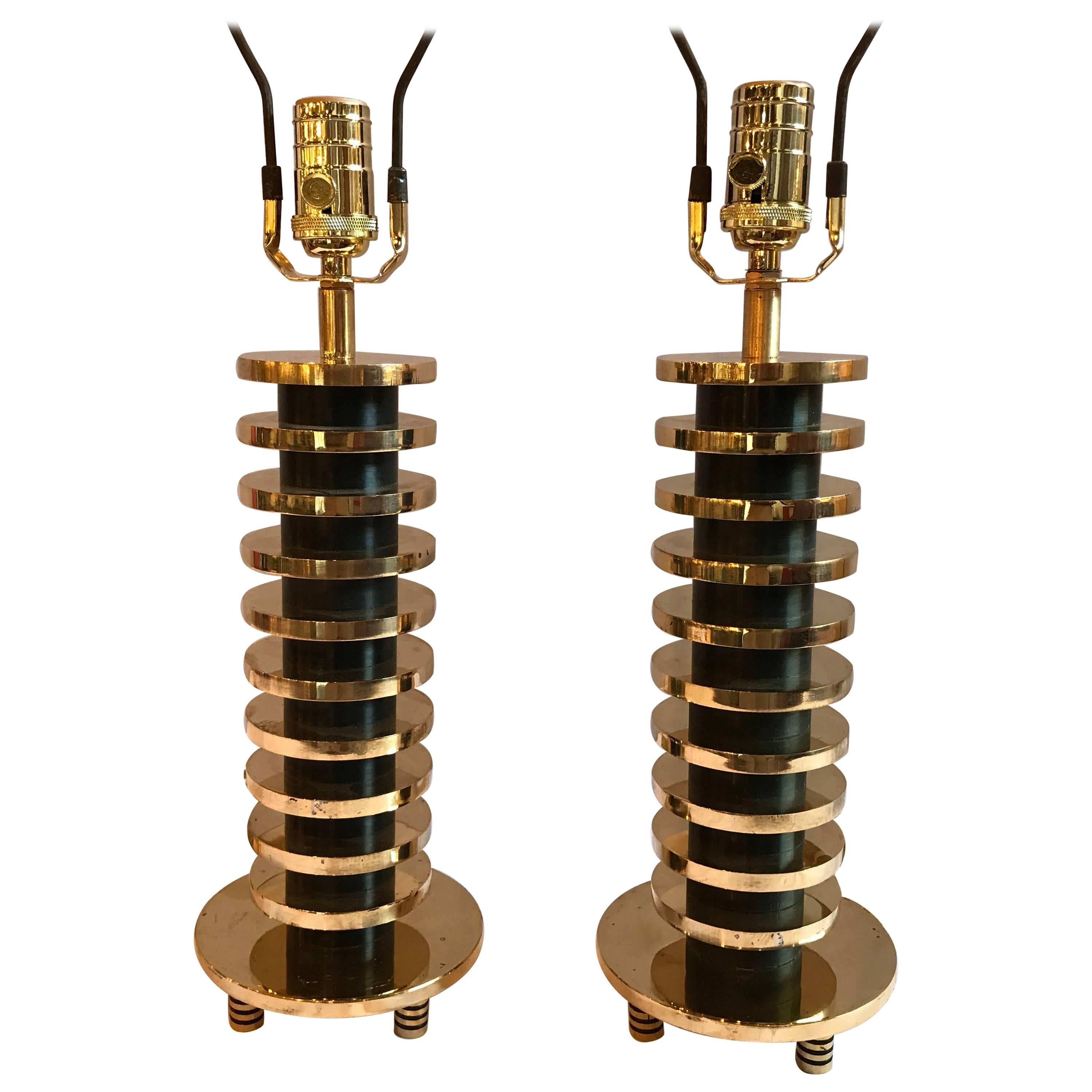 Pair of Brass and Metal Disk Shaped Mid-Century Modern Table Lamps