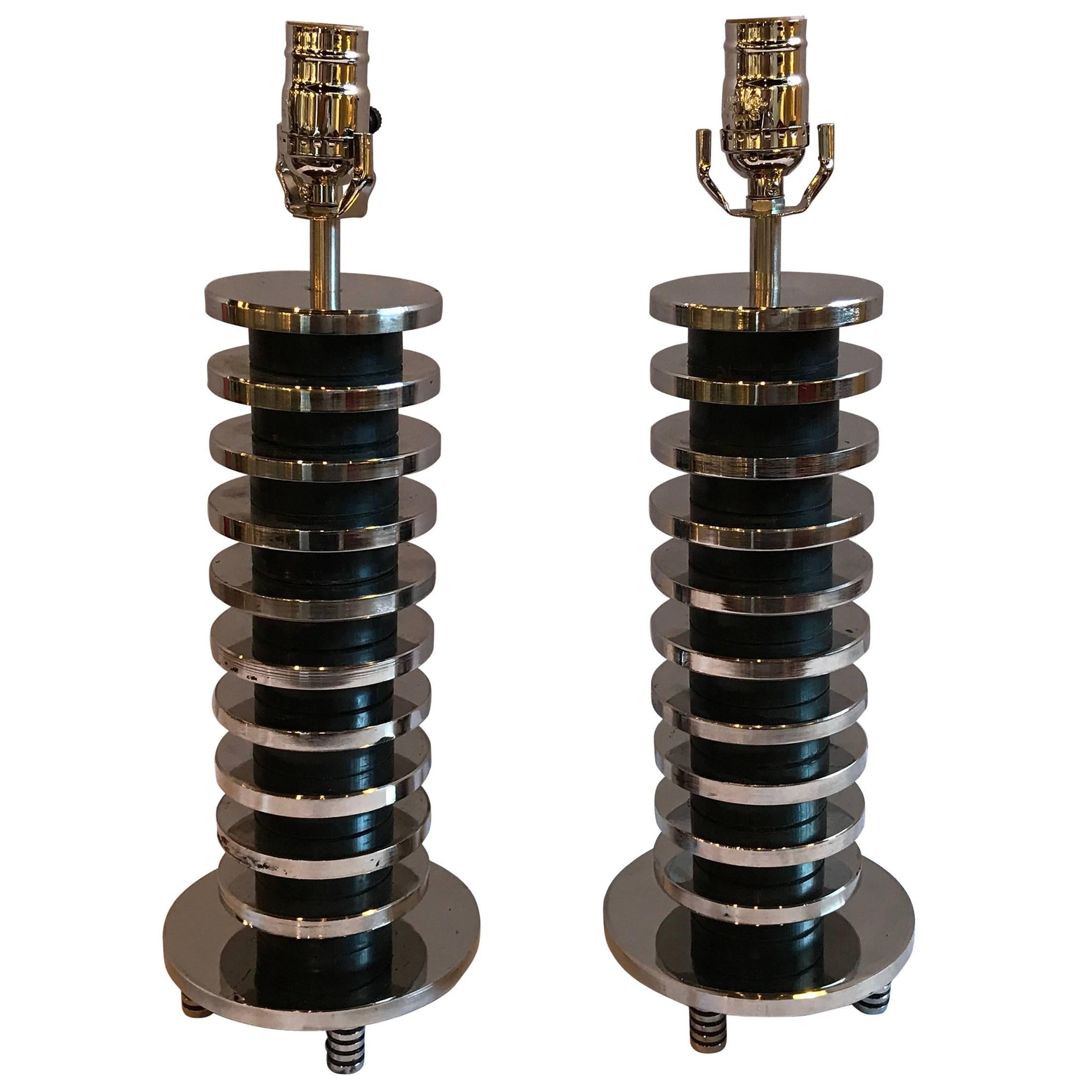 Pair of Mid-Century Modern Spinal Disk from Table Lamps in Chrome