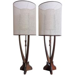Pair of Large Adrian Pearsall Style Walnut Mid-Century Modern Lamps