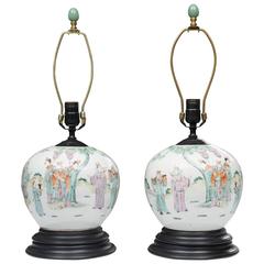 Pair of Antique Chinese Melon Jars as Table Lamps