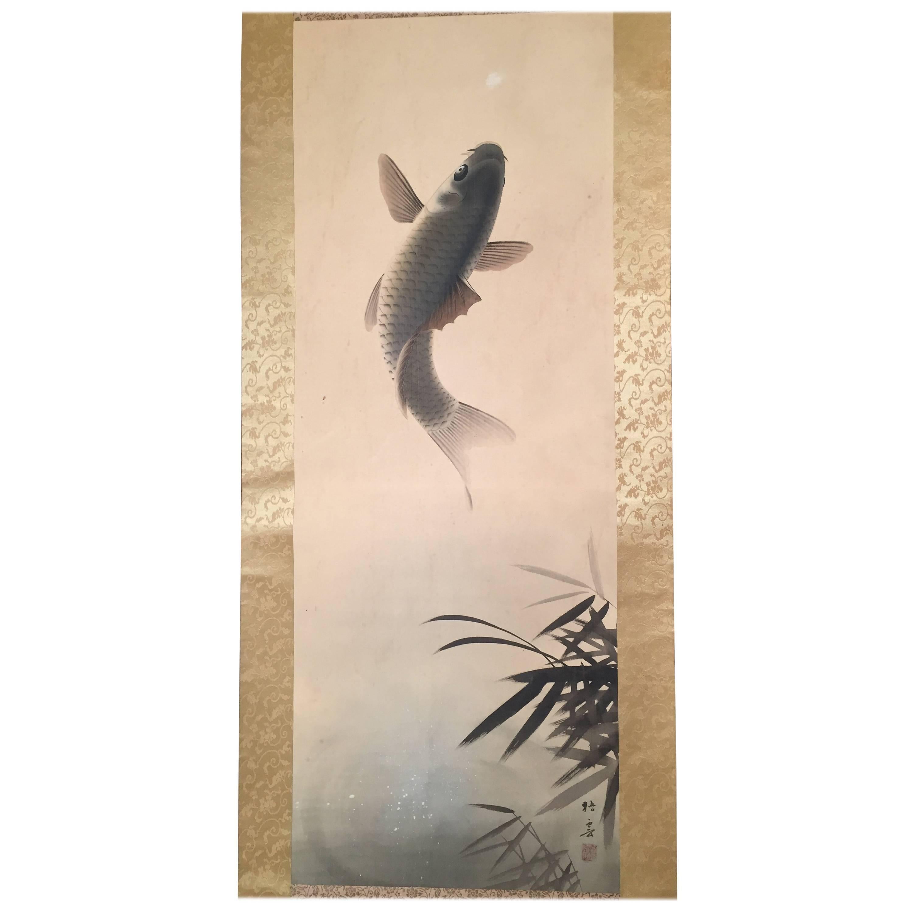 Jumping KOI Fish Japanese Antique Hand painted silk scroll, 1940