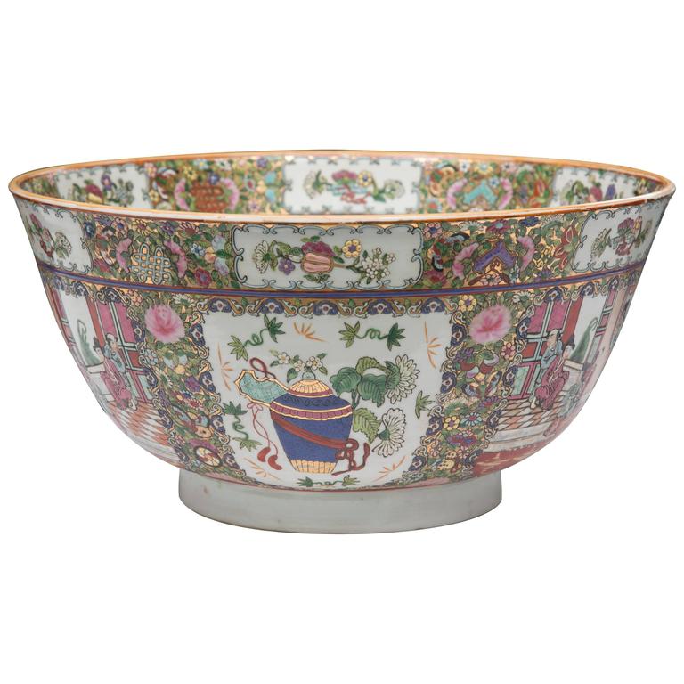 20th Century Chinese Rose Medallion Punch Bowl For Sale at 1stdibs