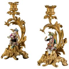 Pair of 19th Century Minton Bone China and Gilt Metal Mounted Candlesticks