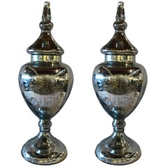 Retro Hollywood Regency Style Decorative Mercury Glass Silver Etched Lidded Urn, Pair