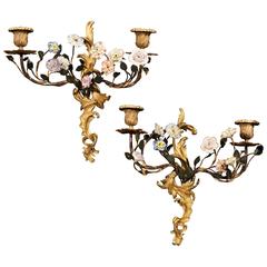 Antique Rare Pair of 19th Century Minton Bone China and Gilt Metal Wall Sconces