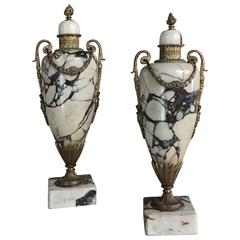 Pair of 19th Century French Louis XVI Marble and Bronze Mantel Urns, Cassolettes