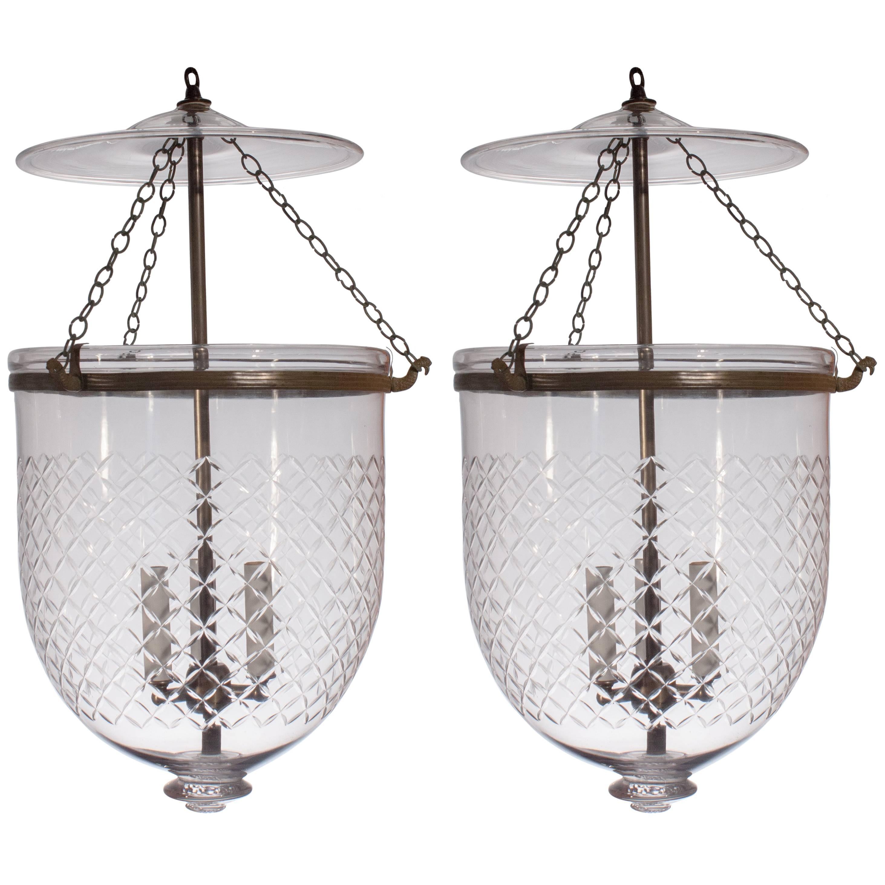 Pair of Large 19th Century Bell Jar Lanterns with Diamond Etching