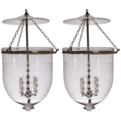 Antique Pair of Large 19th Century Bell Jar Lanterns with Diamond Etching